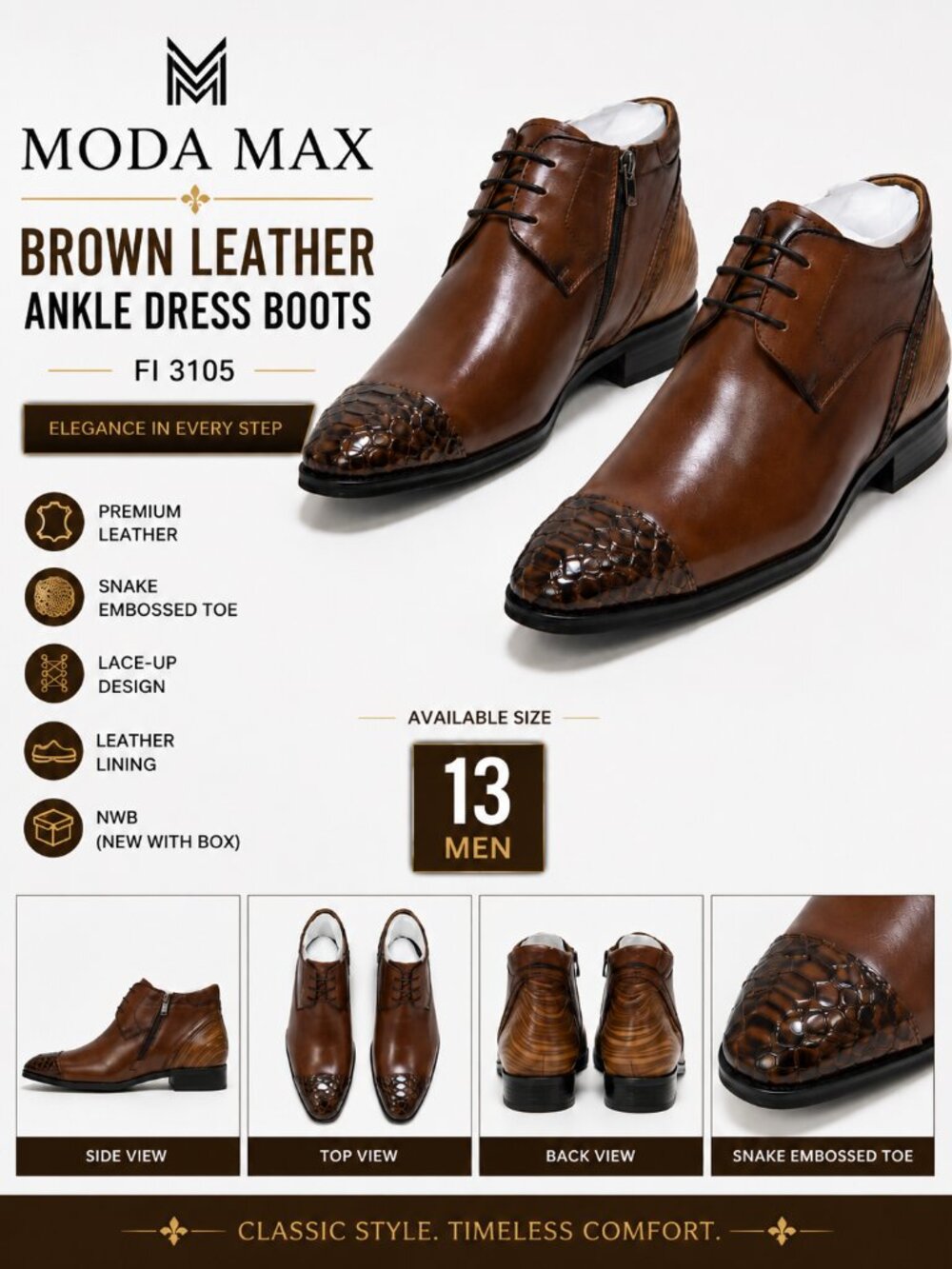 NWB Encore by Fiesso FI3105 Brown Snake Embossed Leather Dress Shoes Size 13
